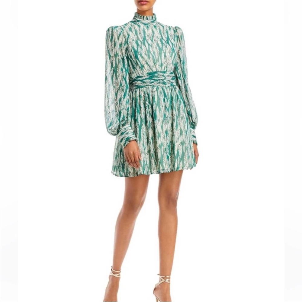 Aqua Printed Mock Neck Green Gold Metallic Cream Mini Dress size XS